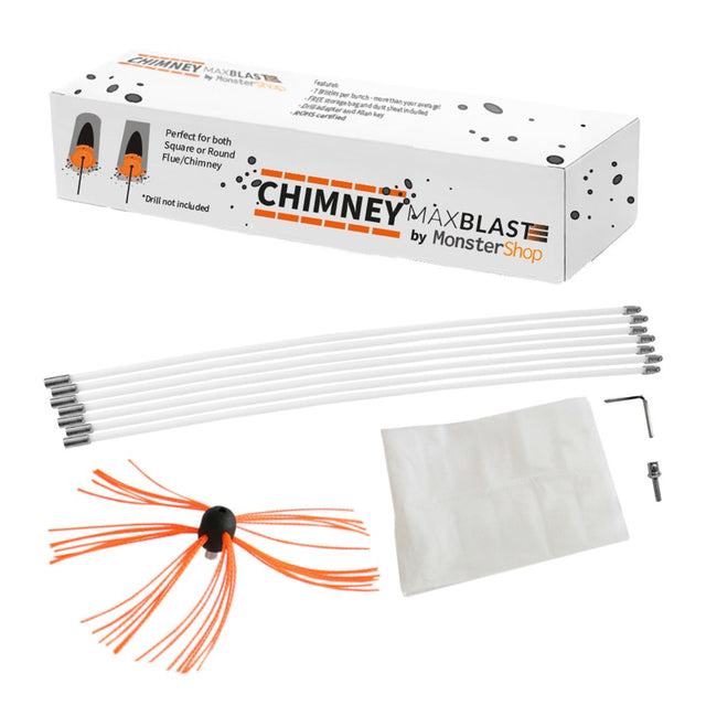 Chimney Sweeper Cleaning Kit, Drill-Powered Rotary Cleaner, 9m Reinforced Nylon Rods, Fireplace Wood Burner Flue Brush, Includes Dust Sheet, Storage Bag, Drill Adapter & Allen Key