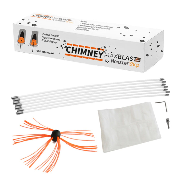 Chimney Sweeper Kit, Rotary Brush Wood Burner Cleaner, 10m Flexible Nylon Rods, Fireplace Cleaning, Includes Drill Adapter, Allen Key, FREE Dust Sheet & Storage Bag