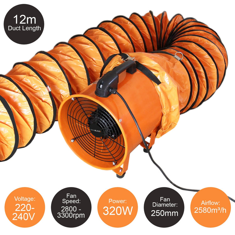 Industrial PVC Ducting Ventilator, 250mm Portable Dust Extractor Fan, 12m Duct Hose Workshop Fume Air Blower