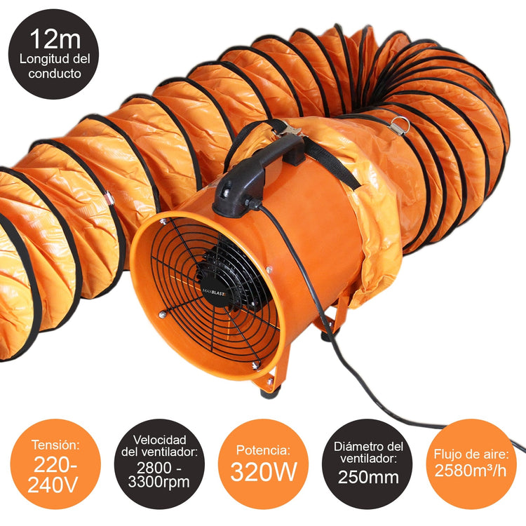 Industrial PVC Ducting Ventilator, 250mm Portable Dust Extractor Fan, 12m Duct Hose Workshop Fume Air Blower