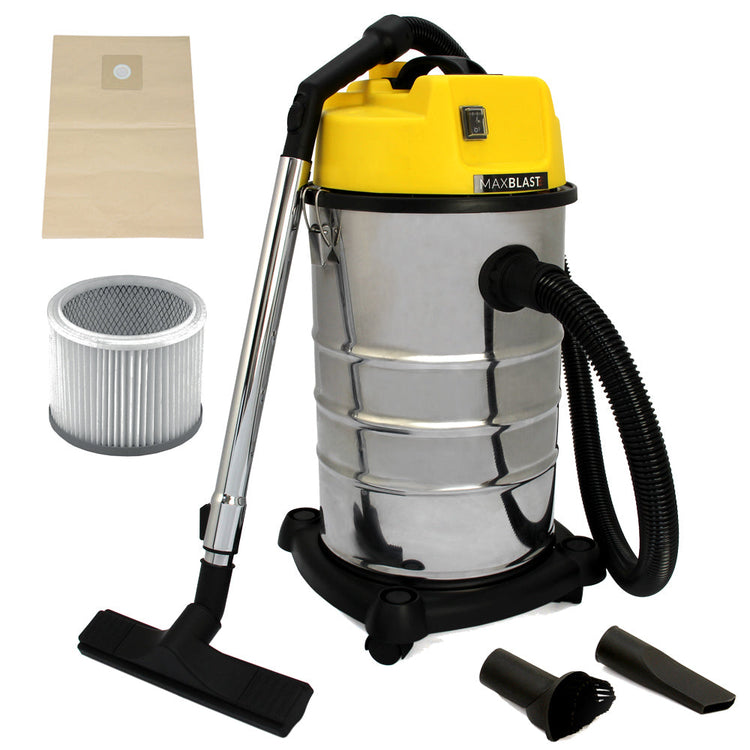 1400W Industrial Wet Dry Vacuum Cleaner, 30L Stainless Steel with Attachments