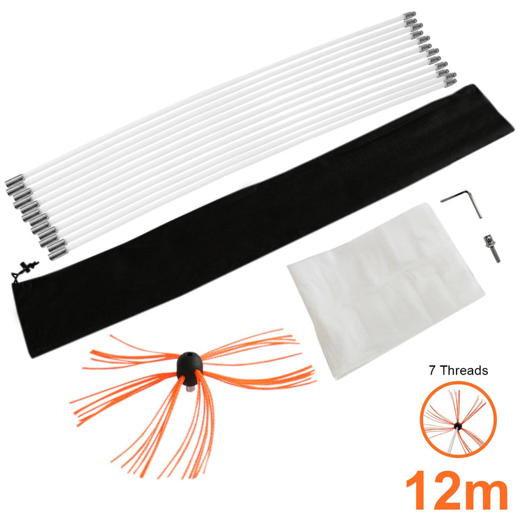 Chimney Cleaning Kit 12m, Drill Powered Rotary Sweep Brush, Fireplace Wood Burner Cleaner, Reinforced Nylon Flexible Rods, Includes FREE Dust Sheet and Storage Bag, Drill Adapter, Allen Key